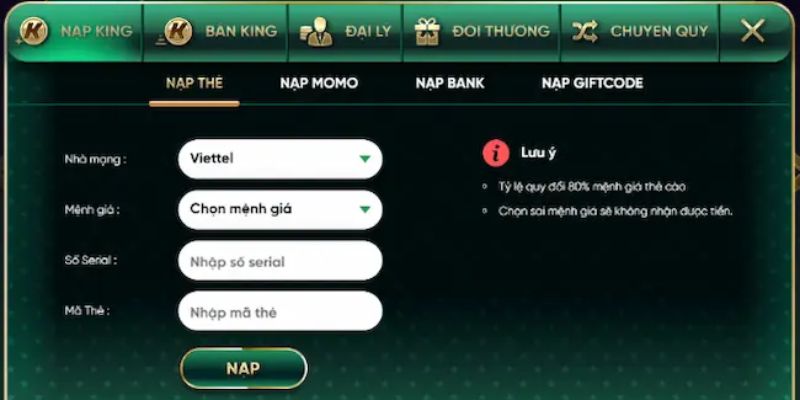 Cách nạp tiền Kingfun qua thẻ cào với 3 bước đơn giản